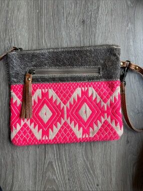 Myra Bag Pink and Cream Aztec Wristlet Brown Leather Strap Fringe Zipper